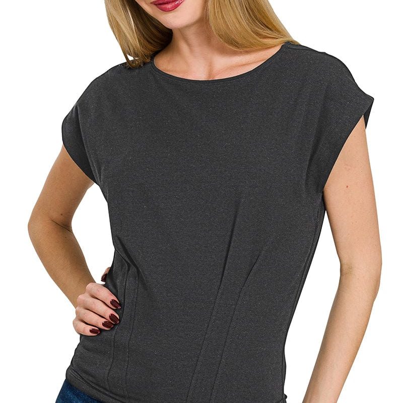 Black Gathered Waist Short Sleeve Top