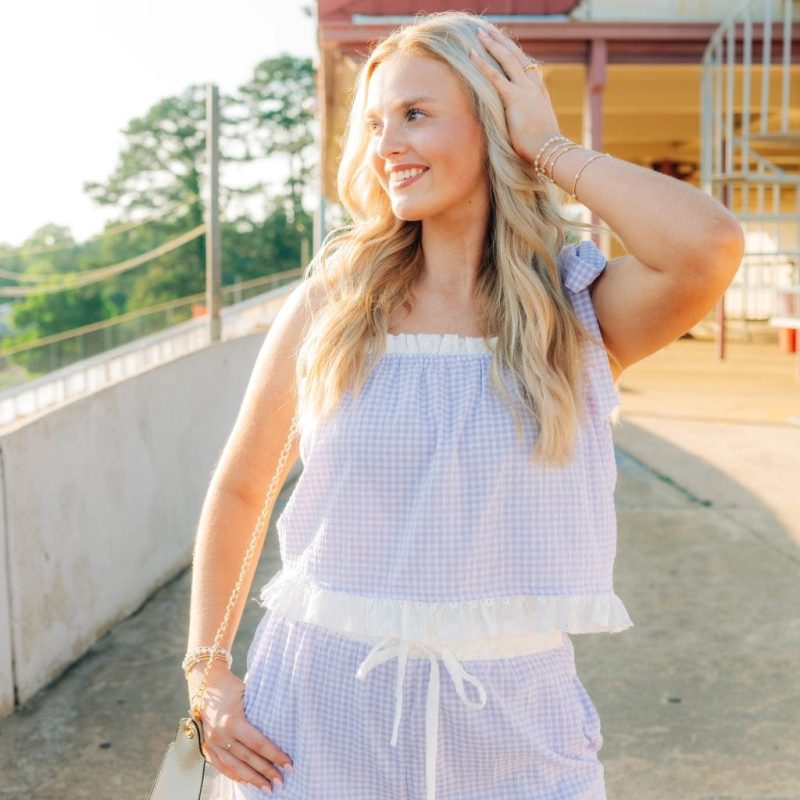 Purple Gingham Ruffle Trim Short Set