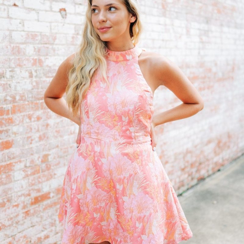 Pink Floral Jacquard Halter Dress