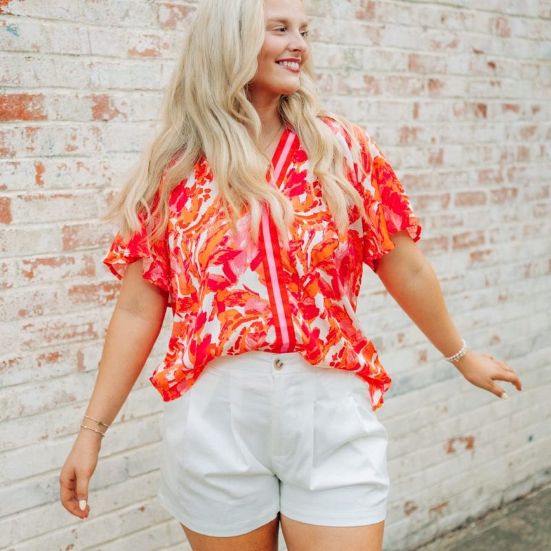 Hot Pink Print V-Neck Blouse