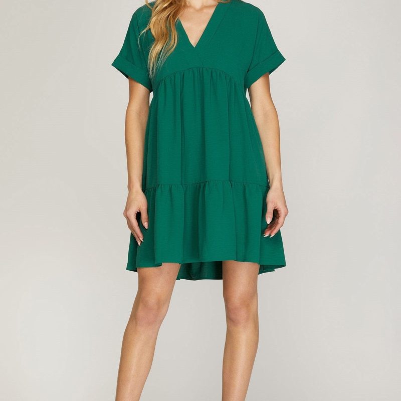 Green Short Sleeve Tiered Dress