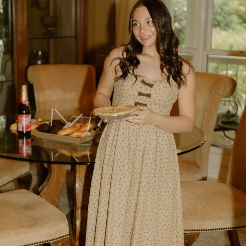 Taupe Bow Detail Floral Midi Dress