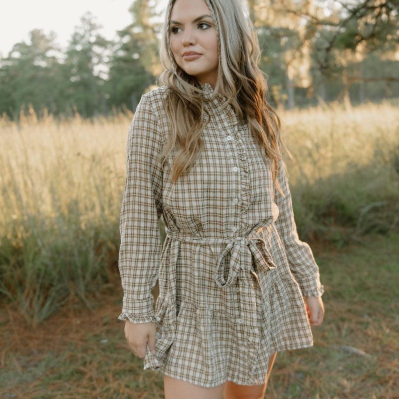 Taupe Plaid Belted Ruffle Dress