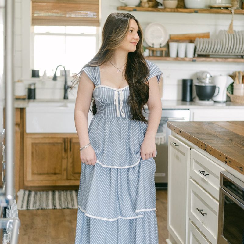 Blue Striped Tiered Ruffle Midi Dress