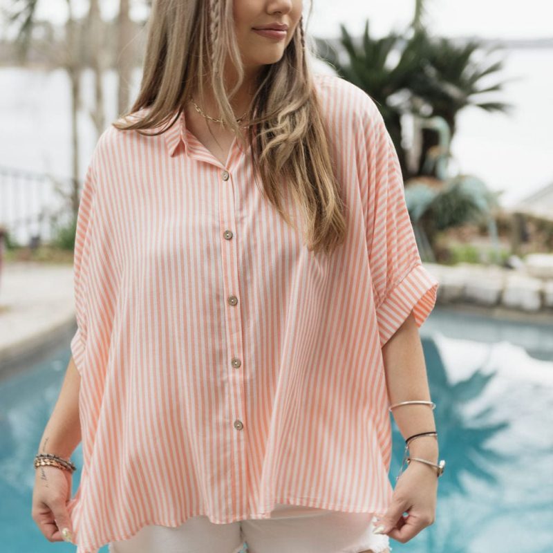 Coral Striped Short Sleeve Blouse