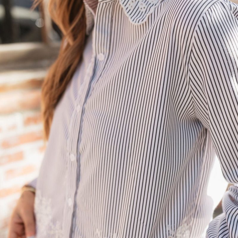 White & Black Striped Embroidered Blouse