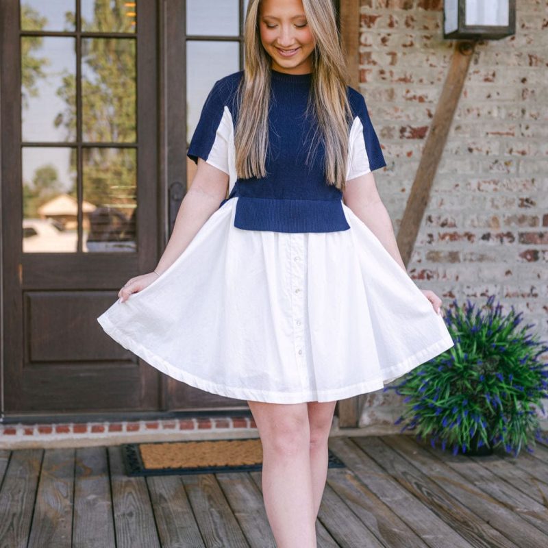 Navy Knit Detail Button Down Dress